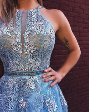 Exquisite Blue Lace A-Line Long Prom Dress Formal Evening Gowns JKS8426