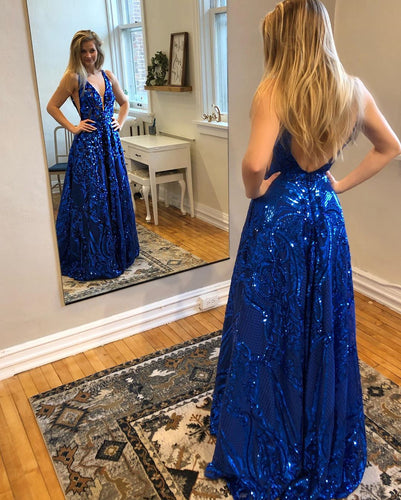Royal Blue Sequins Sexy Deep V-neck A-Line Long Prom Dress JKS8625|Annapromdress