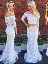 Two Piece Prom Dresses Mermaid Trumpet Off-the-shoulder Short Train White Lace Prom Dress JKS288