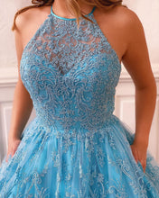 Chic Jewel Neckline Exquisite Lace Long Prom Dress with Pockets JKQ320