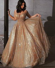 A line Glitter Tulle Prom Dresses V Neck Spaghetti Straps GJS347