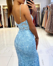 Chic Sleeveless V Neck Blue Aplliques Front-Split Mermaiad Prom Dresses  GJS184