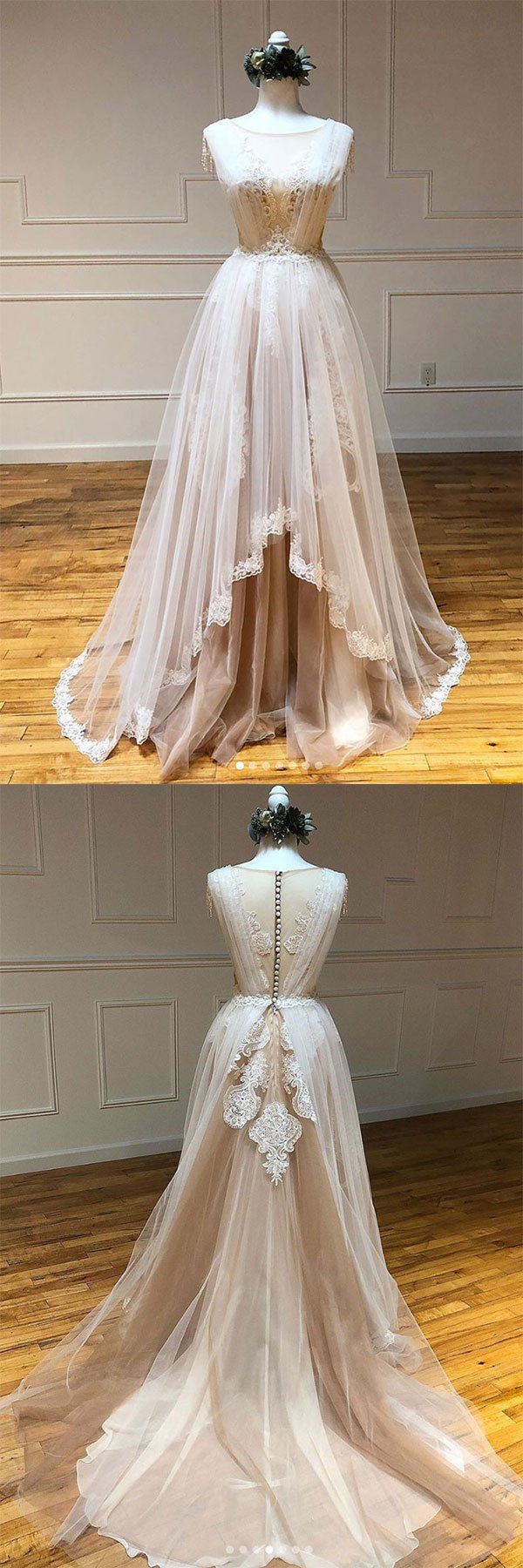 Champagne tulle high low prom dress champagne evening dress Y983 main image 1