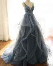 Gorgeous V Neck Spaghetti Straps Dark Blue Prom Dress With Ruffles GJS605