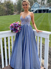 Blue sweetheart neck lace long prom dress lace blue bridesmaid dress GJS722