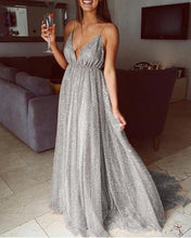 A line Long Sequins Evening Dresses Plunge V-neck Prom Gowns GJS346