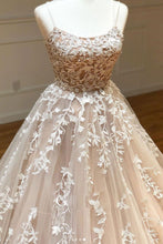 Champagne Tulle Scoop Appliqued Lace Long Prom Dress JKP507