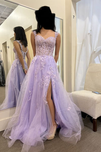 Elegant Appliques Lace A-Line Tulle Floor-length Prom Dress With Side Slit GJS607