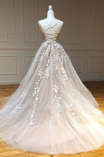 Champagne Tulle Scoop Appliqued Lace Long Prom Dress JKP507