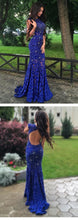 Royal Blue Lace Beadings Prom Dress Mermaid Sexy Backless Long Prom/Evening Dress YSF698|Annapromdress