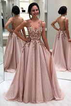 Princess Appliques Beaded Long Blush Pink Evening Prom Dress AN613
