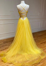 Yellow V-neck Tulle A line Long Prom Formal Dresses GJS385
