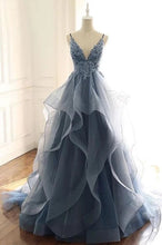 A-line V-neck Tulle Appliques Long Prom Dress Formal Evening Gowns JKQ132