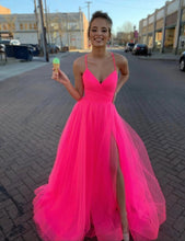 A-line Modest Tulle V-Neck Spaghetti Straps Long Prom Dress with Slit JKZ8304