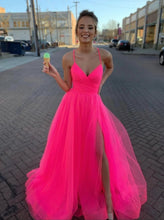 A-line Modest Tulle V-Neck Spaghetti Straps Long Prom Dress with Slit JKZ8304