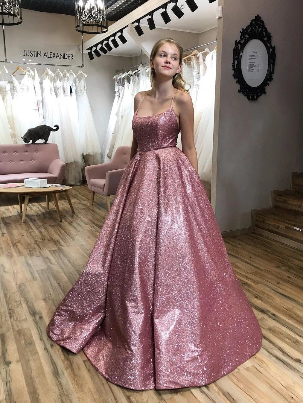 Sparkly Ball Gown Scoop Spaghetti Straps Slit Prom Dresses, Unique Party Dresses with Pockets main image 0
