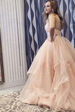 A-line V-neck Long Backless Prom Dresses, Tulle Sweet Dress With Ruffles  GJS239