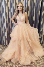 A-line V-neck Long Backless Prom Dresses, Tulle Sweet Dress With Ruffles  GJS239