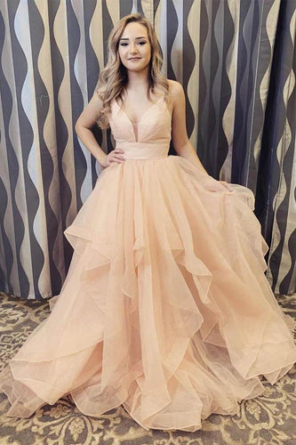 A-line V-neck Long Backless Prom Dresses, Tulle Sweet Dress With Ruffles  GJS239