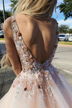 Gorgeous Backless Tulle Deep V Neck Appliques Prom Dresses with Beaded GJS133