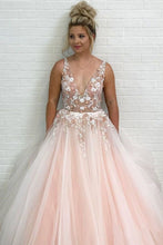 Gorgeous Backless Tulle Deep V Neck Appliques Prom Dresses with Beaded GJS133