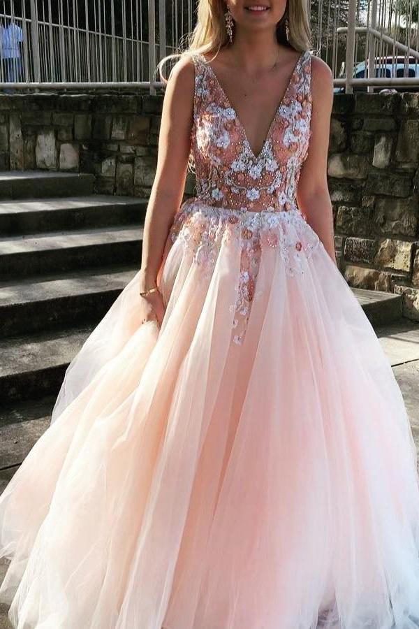 Gorgeous Backless Tulle Deep V Neck Appliques Prom Dresses with Beaded –  Anna PromDress