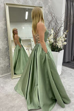 A Line Backless Green Satin Long Prom Formal  Evening Dress GJS254
