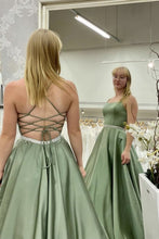 A Line Backless Green Satin Long Prom Formal  Evening Dress GJS254