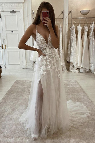 A Line Ivory Lace Long Prom Dress with Slit, Ivory Lace Wedding Dresses  GJS382