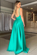 A Line V Neck Backless Green Satin Long Prom Evening Dress with High Slit GJS381