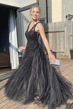 A Line V Neck Black Lace Long Prom Dresses, Black Lace Formal Dresses GJS137