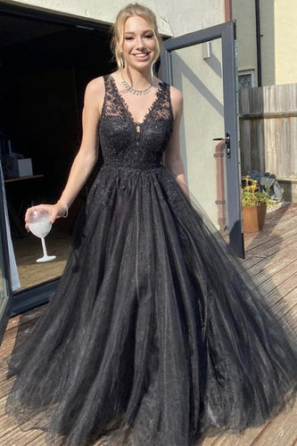 A Line V Neck Black Lace Long Prom Dresses, Black Lace Formal Dresses GJS137