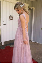 A Line V Neck Open Back Pink Lace Long Prom Evening Dress  GJS393