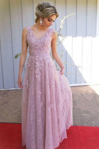 A Line V Neck Open Back Pink Lace Long Prom Evening Dress  GJS393