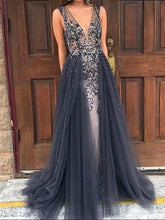Chic V neck Prom Dress Sparkly Beading A-line Long Prom Dresses Evening Dress NA4009