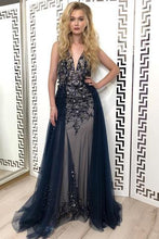 Chic V neck Prom Dress Sparkly Beading A-line Long Prom Dresses Evening Dress NA4009
