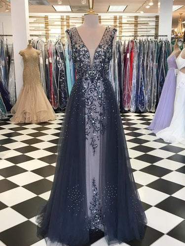 Chic V neck Prom Dress Sparkly Beading A-line Long Prom Dresses Evening Dress NA4009