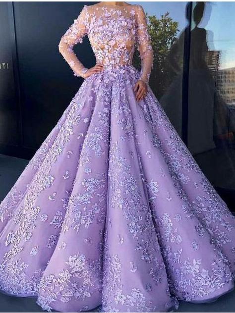 knee length dresses for ladies Long Sleeves Light Purple Layered Prom Dresses, Purple Beaded Formal E main image 0