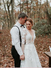 Long Sleeve V neck Lace Tulle Boho Wedding Gowns Rustic Bridal Dress AMY2550
