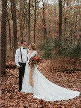 Long Sleeve V neck Lace Tulle Boho Wedding Gowns Rustic Bridal Dress AMY2550