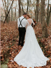 Long Sleeve V neck Lace Tulle Boho Wedding Gowns Rustic Bridal Dress AMY2550