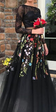 Two Pieces Black Prom Dresses With Lace Floral Long Sleeve Evening Gowns JKG039