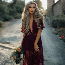 Burgundy Lace Prom Dresses A-line V neck Floor-length Unique Evening Dress JKG043
