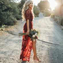 Burgundy Lace Prom Dresses A-line V neck Floor-length Unique Evening Dress JKG043