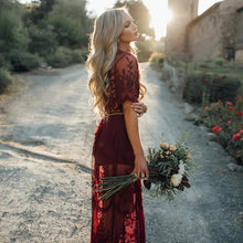 Burgundy Lace Prom Dresses A-line V neck Floor-length Unique Evening Dress JKG043