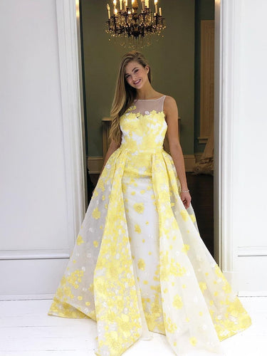 Chic A-line Bateau Daffodil Long Prom Dress Beautiful Beaded Applique Prom Dress Evening Formal Gowns JKG032