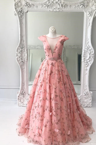 Pink 3d Floral Lace Long Prom Dresses Formal Dress Evening Gowns JKG028