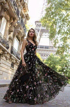 A-line V neck Black Boho Long  Formal Dresses Unique Floral Formal Evening Gowns JKG041