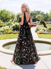 A-line V neck Black Boho Long  Formal Dresses Unique Floral Formal Evening Gowns JKG041