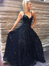 A-line Dark Navy Spaghetti Straps Lace Prom Dress Sparkly Long Evening Dresses NA4004|Annapromdress